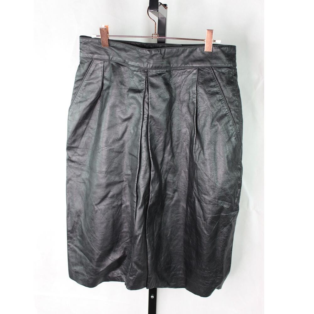 Vintage West Bay Sport Leathers Midi Skirt black leather high waist pockets 14